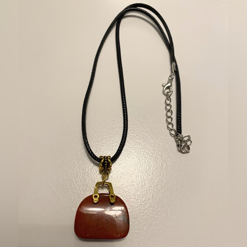 Black Cord Necklace with Brown Red Agate Pendant